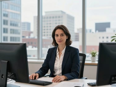 Medium-wide environmental portrait of a professional woman working in a bright Montreal office, architectural city views visible through windows, natural daylight, 35mm