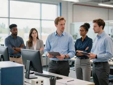 Professional editorial photography of a diverse engineering team in a bright Canadian manufacturing facility, natural daylight, cool corporate tones, 35mm