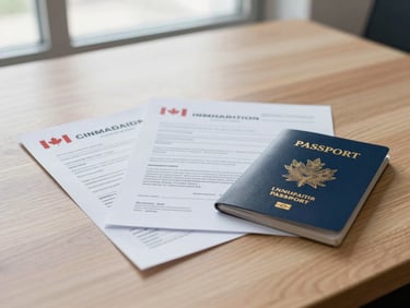 Clean professional editorial shot of official Canadian immigration documents and passports on a modern wooden desk, soft natural window light, 35mm