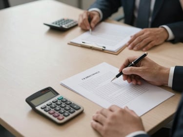Wide shot of a professional negotiation table from above, pen and calculator resting on legal documents with visible stamps, institutional overhead lighting, no people, clean and formal office surface