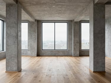 Interior perspective of a luxury living room with raw concrete columns, oak floors, natural window light, symmetrical