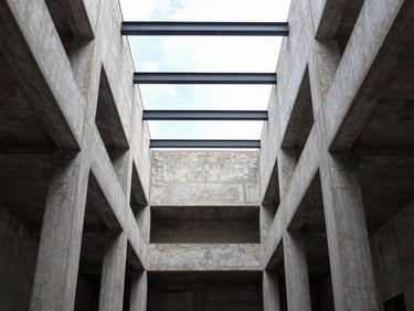 Symmetrical interior perspective of a restored historic building in Roma Norte, high ceilings, concrete and steel details, natural light, 35mm