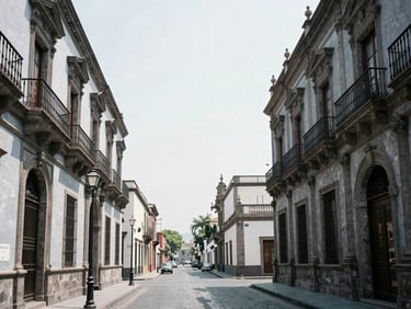 Symmetrical streetscape of Colonia Roma in Mexico City, beautiful historic facades, soft daylight, 35mm