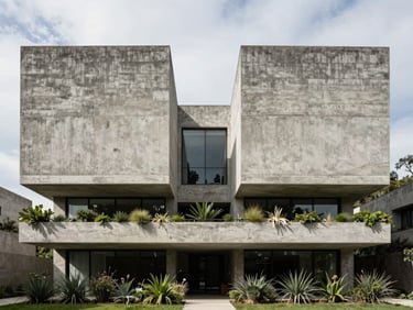 Exterior architectural shot of a brutalist villa in Lomas de Chapultepec, massive concrete volumes, integrated vegetation, overcast daylight, sharp shadows, 35mm