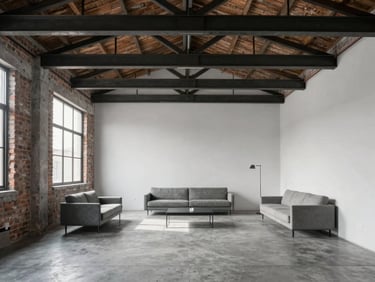 Renovated loft interior in Juarez neighborhood, high ceilings, exposed brick and steel beams, modern minimalist furniture, soft morning light