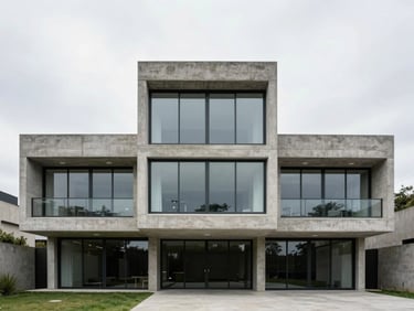 Exterior of a brutalist concrete residence in Lomas de Chapultepec, clean lines, large glass windows, minimalist landscaping, overcast sky, 35mm