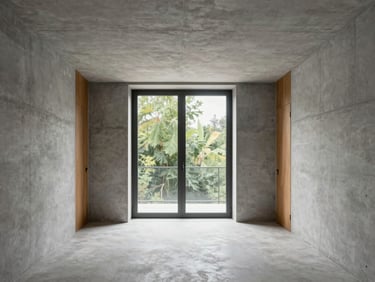 Architectural interior of a minimalist apartment in Roma Norte, concrete walls, wooden accents, large window with green foliage outside, soft daylight
