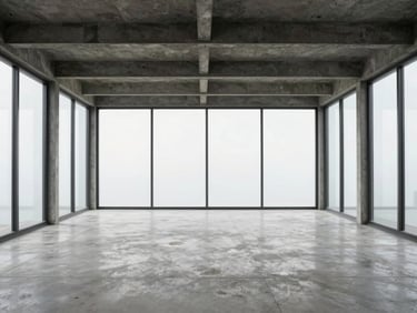 Symmetrical interior perspective of a minimalist living room in Polanco, polished concrete floors, raw steel beams, floor-to-ceiling windows with soft daylight, 35mm