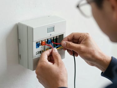 Technician's hands connecting cellular backup module to an alarm panel, focus on the wiring and hardware, bright natural daylight.