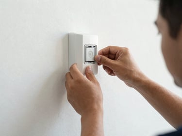 Close-up of a technician's hands installing a hardwired motion sensor in a commercial building, clear utility lighting, honest documentary photography.