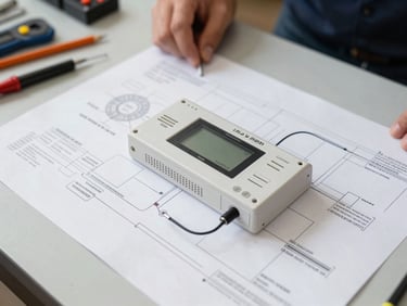 Overhead shot of a technical schematic diagram for an alarm system on a workbench, with tools and a technician's hands in the background, sharp focus.