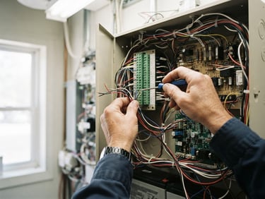 Close-up of a technician's hands installing wiring into a security control panel, bright utility lighting, honest documentary photography.