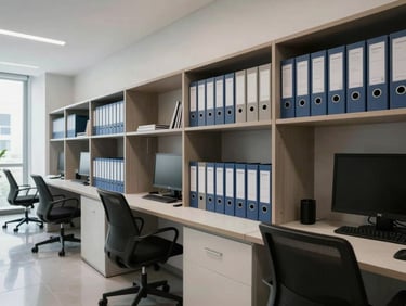 Medium-wide environmental shot of a modern professional workspace in Mexico City, clean architectural lines, structured shelves with corporate folders, cool-toned natural lighting.