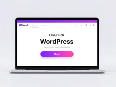 Clean UI mockup of hPanel dashboard showing a one-click WordPress installation screen, with subtle purple and pink neon accents, crisp studio lighting, 35mm