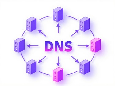 Localized network diagram showing DNS propagation, with arrows pointing from a domain name to server icons, clean UI style, subtle purple and pink neon accents, crisp studio lighting, 35mm