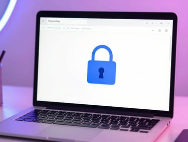 Close-up shot of a modern Vietnamese workspace with a laptop displaying security settings, a padlock icon on screen, subtle purple and pink neon ambient light, crisp studio lighting, 35mm