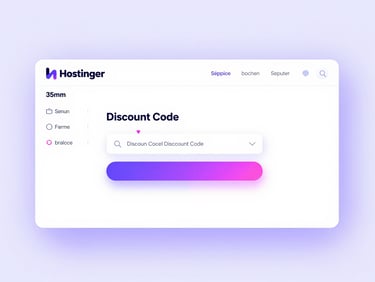 Clean UI mockup of Hostinger's hPanel dashboard, highlighting a discount code input field, subtle purple and pink neon accents