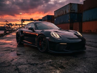 A sleek modern sports car parked on a concrete pier next to massive industrial shipping containers, low-angle shot, dramatic sunset reflections on polished black paint, high-contrast cinematic automotive photography