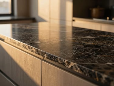 Macro detail shot of immaculate polished marble surfaces in a modern luxury kitchen, warm natural golden-hour light.