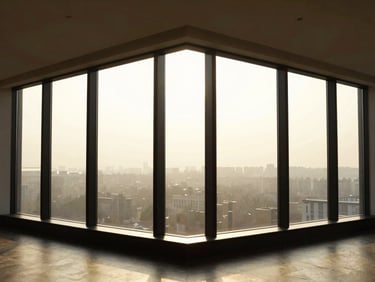 Spotless architectural interior of a recently renovated penthouse, natural light streaming through clean, tall windows, dust-free surfaces.