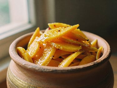 Close-up of a textured clay jar overflowing with rich, golden-orange spiced mango pickle, glistening under warm courtyard sunlight, 35mm film