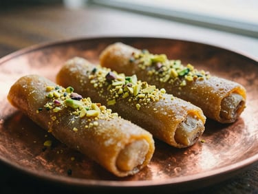 Close-up of golden-brown hand-rolled sweets arranged on a dark copper plate, a sprinkle of crushed pistachio on top, warm side lighting, 35mm film