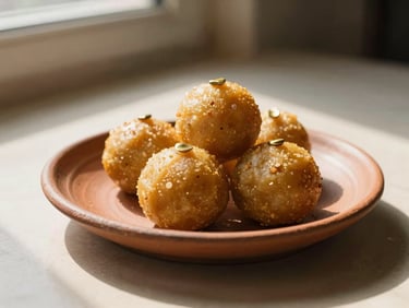 A few round golden laddus resting on a textured clay plate, soft focus, warm afternoon light with long soft shadows.
