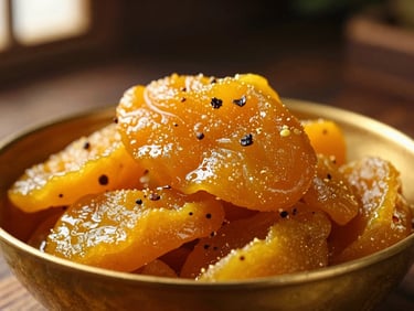 Close-up of golden mango pickle in an antique brass bowl, warm directional lighting highlighting the oily texture and coarse spices, dark background.