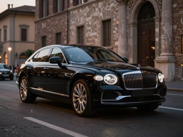Lussuosa berlina nera executive che transita in una via storica italiana di pietra al crepuscolo, riflessi dorati sulla carrozzeria