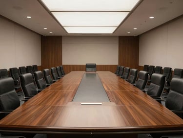 Wide-angle environmental shot of a structured corporate boardroom, clean interior architectural lighting, large empty mahogany table, high contrast, emphasizing scale and authority.