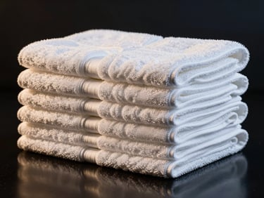 Stack of pristine, folded dual-pile microfiber towels, high-contrast studio lighting, dark background
