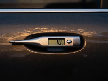 Close-up of a dark car panel with a digital thermometer showing 70°F, high-contrast studio lighting, deep reflections