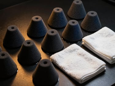 Neatly arranged custom-density foam applicators and plush microfiber towels on a dark, reflective surface, studio lighting, 85mm