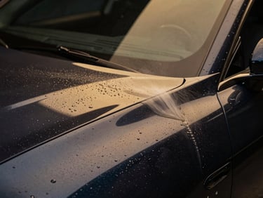 Liquid wax being sprayed onto a dark car panel, creating fine droplets and a smooth, reflective surface, studio lighting, 85mm