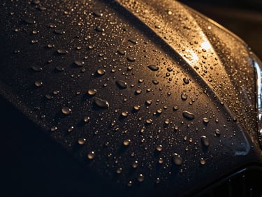 Extreme close-up of water beading perfectly on a freshly waxed dark car panel, showing tight, spherical droplets and a hydrophobic surface, high-contrast studio lighting, 85mm.