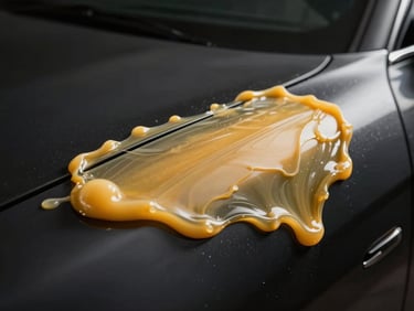 Macro shot of liquid carnauba wax being applied to a dark car panel, showing a warm, amber glow and buttery texture under studio lighting, 85mm.