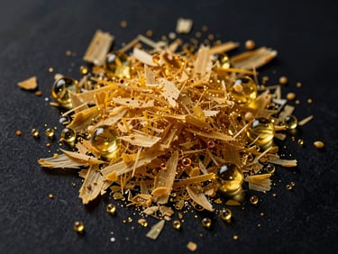 Close-up, abstract shot of golden carnauba wax flakes mixed with microscopic polymer spheres, emphasizing high-quality ingredients. High-contrast studio lighting, deep liquid reflections, warm gold and dark navy tones, 85mm.