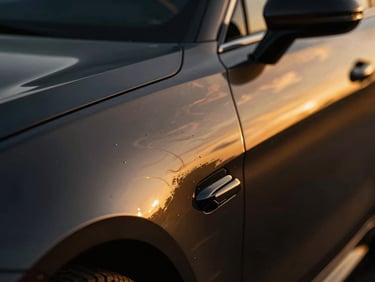 Extreme close-up of a dark car panel, showing crisp, deep reflections of studio lights, emphasizing wet-look depth. High-contrast studio lighting, deep liquid reflections, warm gold and dark navy tones, 85mm.