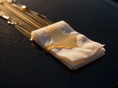Macro shot of a soft applicator pad smoothly gliding across a dark car surface, leaving a streak-free, glossy trail. High-contrast studio lighting, deep liquid reflections, warm gold and dark navy tones, 85mm.