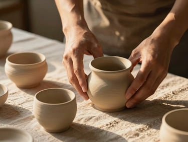 Close-up of hands arranging raw ceramic vessels on a coarse linen tablecloth, warm late afternoon golden light, soft shadows.