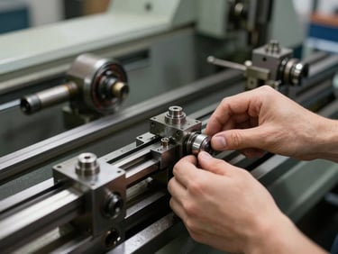 Landscape aspect. Close-up of hands adjusting a metal component on a heavy-duty industrial lathe machine, crisp details, bright workshop lighting.