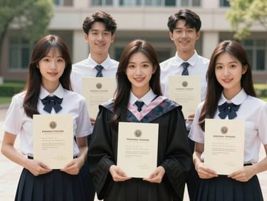 A group of proud young graduates in clean uniforms holding appointment letters from engineering firms, smiling, bright outdoor lighting on campus