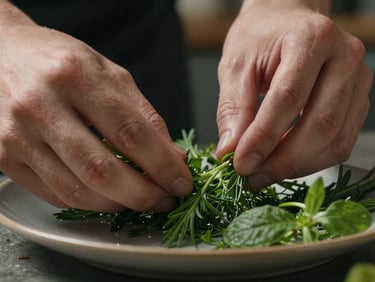 Extreme close-up of hands arranging fresh herbs on a plate in a dimly lit kitchen, dramatic side lighting.