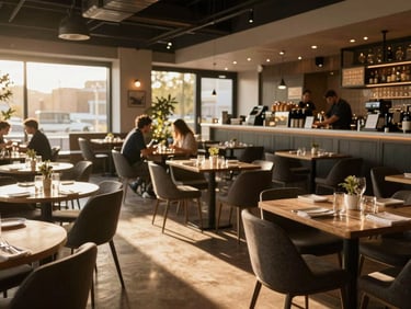 A bustling modern restaurant dining room at golden hour, warm light casting long shadows across tables, crisp and high-definition.