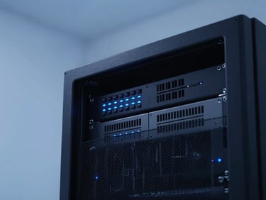 Geometric overhead shot of a minimalist modern server rack with soft blue LED indicators, moody ambient light