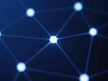 Abstract glowing data nodes connected by thin neon lines on a deep blue background, macro lens, sharp focus