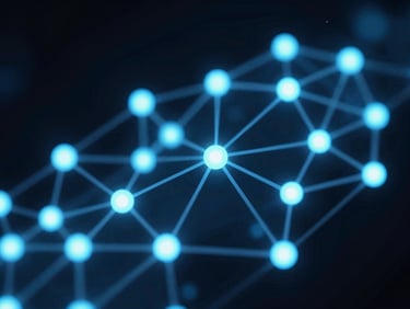 Abstract glowing data nodes and neural network connections, deep blue and cyan lighting