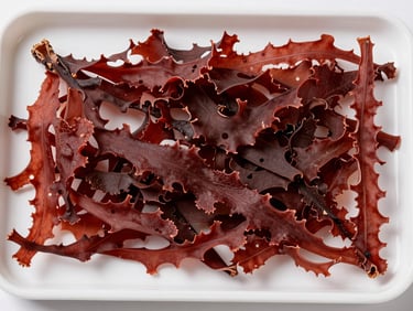 Overhead flat-lay of dried Gracilaria seaweed sample spread on a white surface inside a shallow laboratory tray, bright diffused studio light, showing uniform crimson frond color and dried texture, no shadows, clinical product documentation photograph