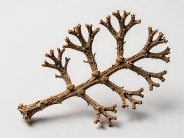 Close-up macro photograph of a single dried Gracilaria frond against a pale neutral background, showing branching tip structure and surface texture in full detail, bright diffused studio light, overhead angle, shadow-free, clinical product photography
