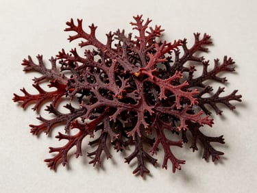 Overhead flat-lay of dried Hypnea seaweed on a pale neutral surface, dense dark-red branching fronds with hooked tips, bright diffused studio light, shadow-free, true color showing species variation